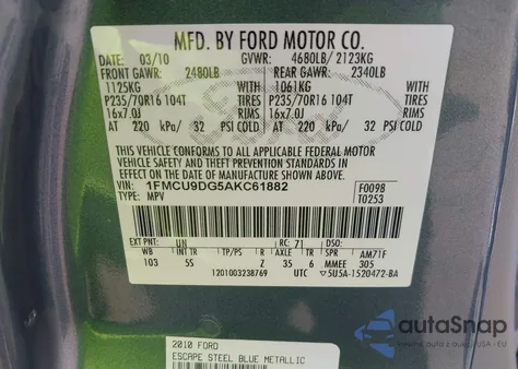 2010 Ford Escape Xlt from USA, damaged, VIN 1FMCU9DG5AKC61882